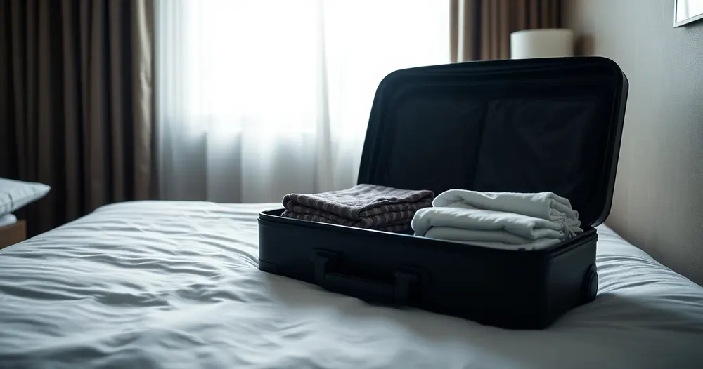 Mala aberta sobre cama de hotel com roupas dobradas e janela ao fundo