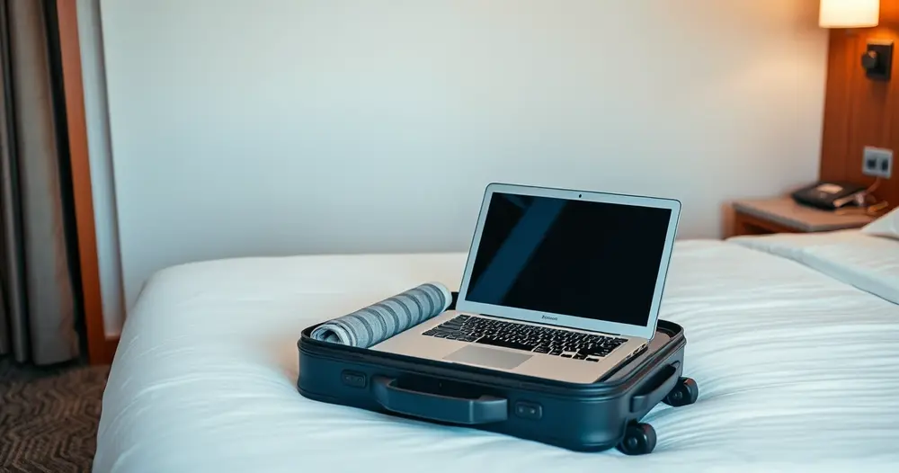 mala aberta ao lado de notebook sobre cama de quarto de hotel