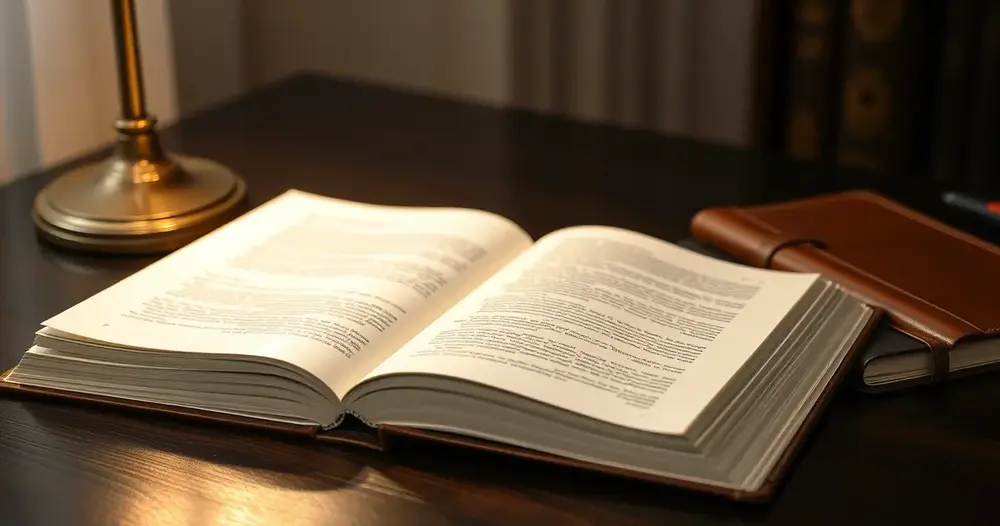 Livro de leis aberto sobre mesa escura ao lado de caderno de couro sob luz de abajur